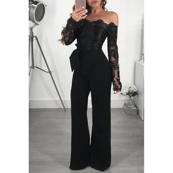 women's jumpsuits & rompers 2021 mesh patchwork embroidery party jumpsuit women slash neck long sleeve wide leg sashes elegant bodysuit, Black;white