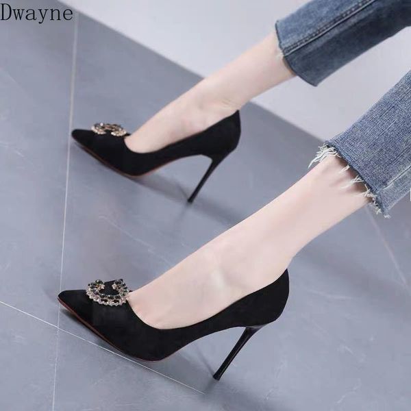 dress shoes 2021 fashion rhinestone suede pointed thin heel pump, Black