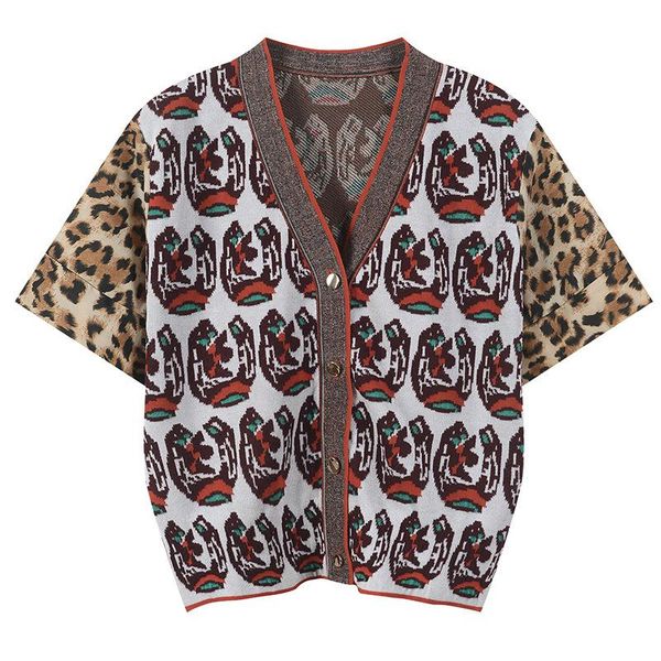 women's t-shirt vintage printed short sleeve knitted cardigan, White 
women's t-shirt vintage printed short sleeve knitted cardigan, White