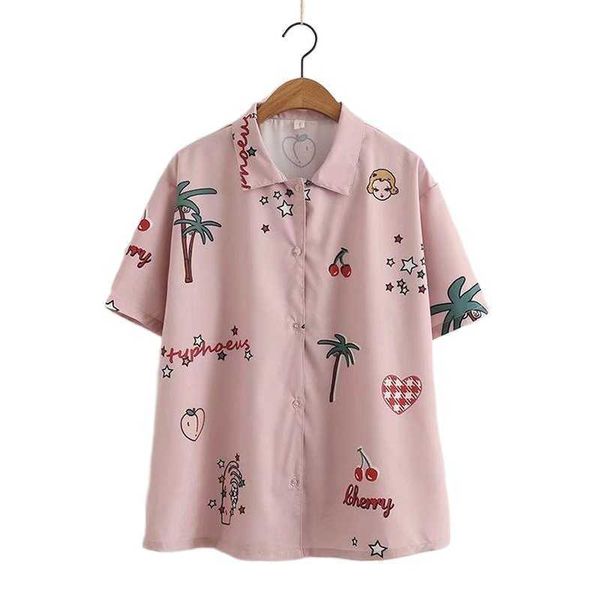 pink chiffon cartoon print graphic shirts single breasted casual blouse women summer preppy style short sleeve ladies 210526, White
pink chiffon cartoon print graphic shirts single breasted casual blouse women summer preppy style short sleeve ladies 210526, White