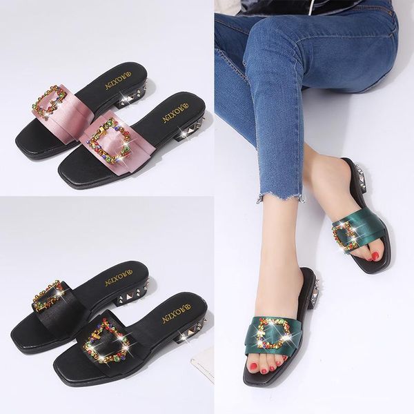 slippers female 2021 summer versatile bright diamond square with rivet word shoes wear no heel, Black
slippers female 2021 summer versatile bright diamond square with rivet word shoes wear no heel, Black