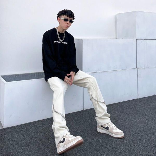 men's pants high street cargo with chain baggy straight harajuku koren streetwear wide leg hip hop casual trousers, Black
men's pants high street cargo with chain baggy straight harajuku koren streetwear wide leg hip hop casual trousers, Black