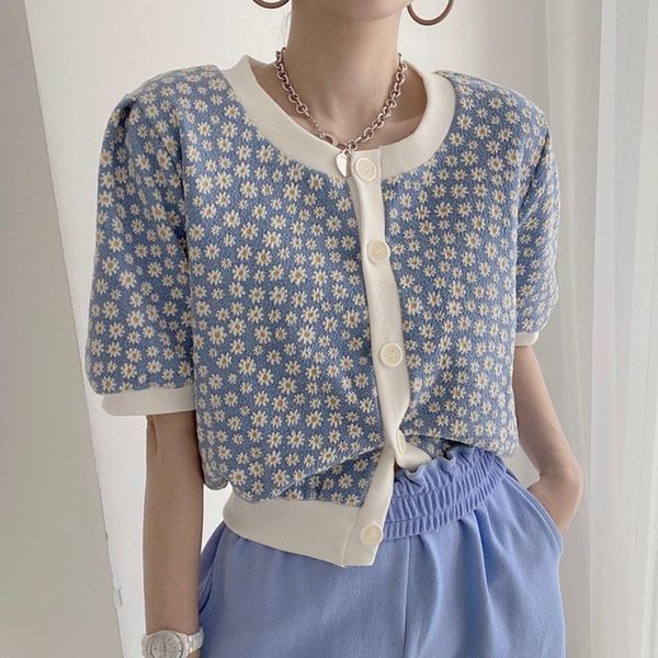 women's knits & tees o neck puff short sleeve single breast knit cardigans sweater women vintage print spring outwear loose pull femme, White
women's knits & tees o neck puff short sleeve single breast knit cardigans sweater women vintage print spring outwear loose pull femme, White