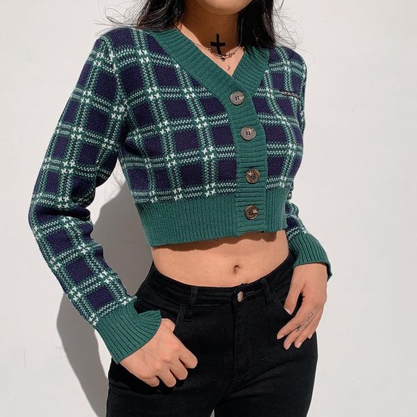 women's knits & tees zovsv v neck plaid vintage knitted crop cardigan casual autumn long sleeve sweater women knitwear checkered street, White
women's knits & tees zovsv v neck plaid vintage knitted crop cardigan casual autumn long sleeve sweater women knitwear checkered street, White