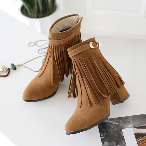 boots oversized - women shoes ankle for ladies belt buckle fringe back zipper, Black