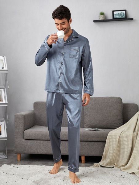 men contrast piping satin shirt & pants pj set v3sm#, Black;brown