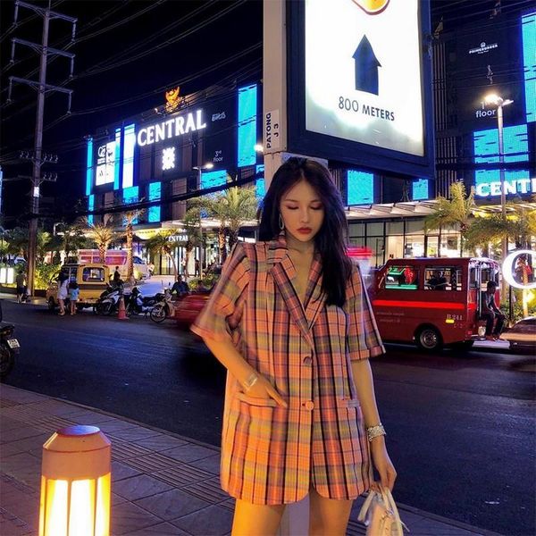 women's suits & blazers fashion rainbow plaid long shirt women vintage notched collar short sleeves belted blouse office lady casual sw, White;black
women's suits & blazers fashion rainbow plaid long shirt women vintage notched collar short sleeves belted blouse office lady casual sw, White;black
