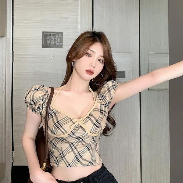 women's blouses & shirts crop women summer plaid blouse bow slim camis ladies wide strap femme for girls streetwear, White
women's blouses & shirts crop women summer plaid blouse bow slim camis ladies wide strap femme for girls streetwear, White