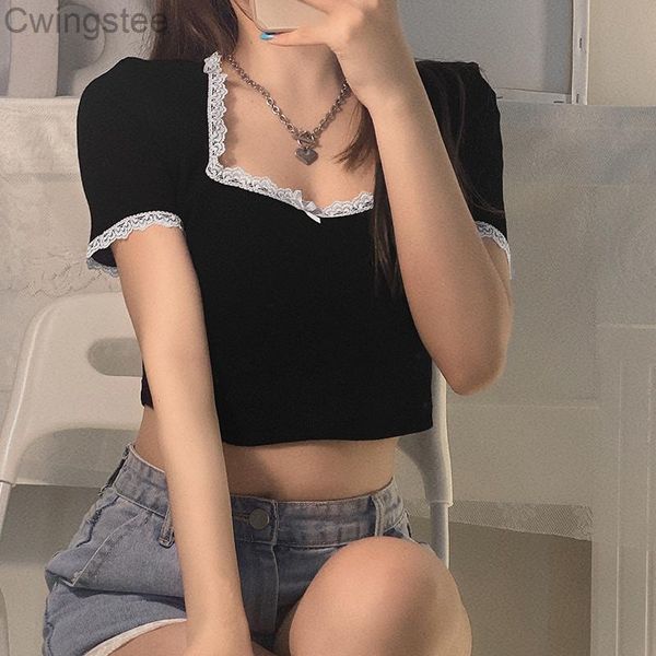 women's t-shirt casual aesthetic kawaii crop tee lace patchwork bow cotton tshirts square collar korean cute shirts, White
women's t-shirt casual aesthetic kawaii crop tee lace patchwork bow cotton tshirts square collar korean cute shirts, White