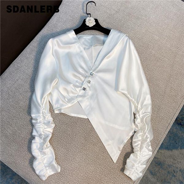 women's blouses & shirts 2021 summer shirt french style temperament socialite satin v-neck long sleeve blouse solid color irregular top, White
women's blouses & shirts 2021 summer shirt french style temperament socialite satin v-neck long sleeve blouse solid color irregular top, White