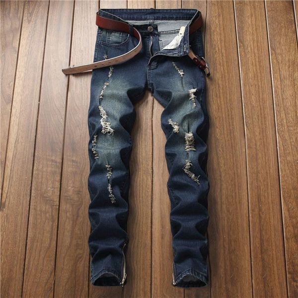 men's jeans small foot tight cotton stretch hole, Blue