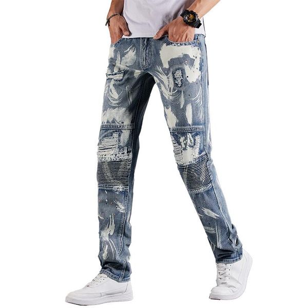 moto jeans for men ripped slim straight with print paiting distressed hip-hop casual pants full length trousers pleated cowboys men's, Blue
moto jeans for men ripped slim straight with print paiting distressed hip-hop casual pants full length trousers pleated cowboys men's, Blue