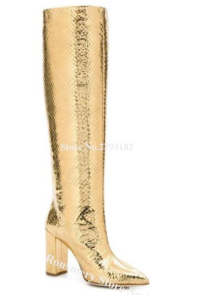 boots women luxurious pointed toe snake leather chunky heel knee high gold silver long thick club dress shoes, Black
boots women luxurious pointed toe snake leather chunky heel knee high gold silver long thick club dress shoes, Black