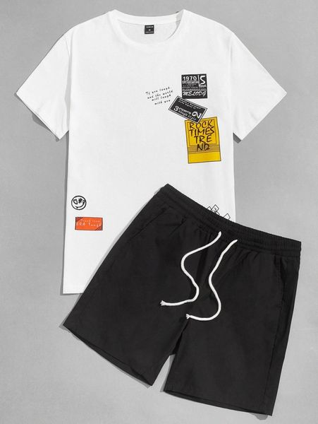 men letter graphic & shorts set e3cw#, Gray