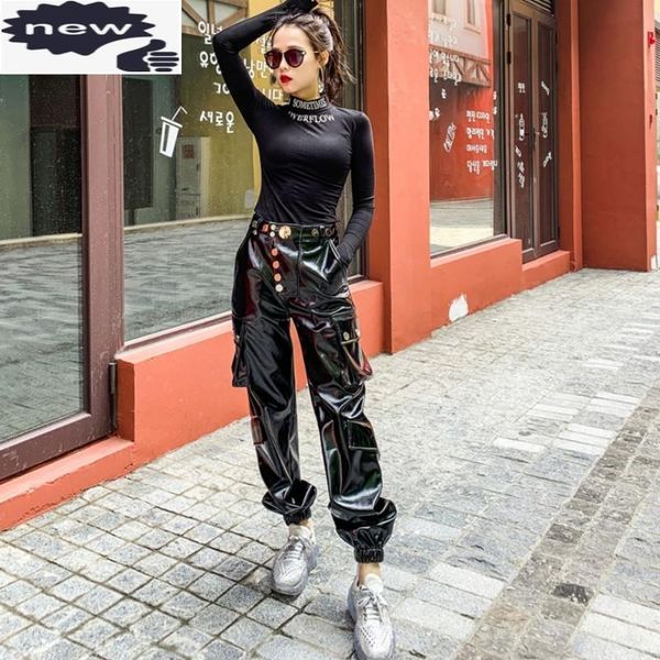 women's pants & capris street punk faux leather biker women personality loose fit pockets high waist cargo female fashion trousers, Black;white
women's pants & capris street punk faux leather biker women personality loose fit pockets high waist cargo female fashion trousers, Black;white