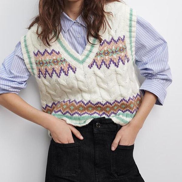spring sweet v-neck wave cut contrast color design knitted vests for women twist grain waistcoat 2021 korean preppy style 16a015 women', Black;white
spring sweet v-neck wave cut contrast color design knitted vests for women twist grain waistcoat 2021 korean preppy style 16a015 women', Black;white