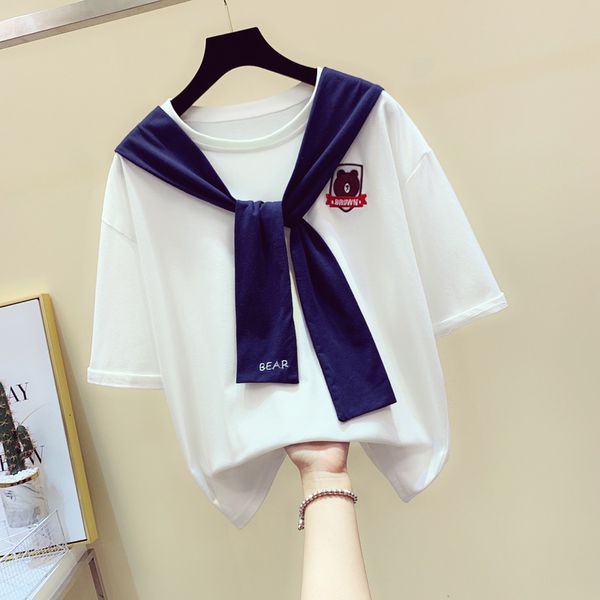 tee two-piece women simple embroidered bear shawl short-sleeves bandage sailor uniform t-shirt, White
tee two-piece women simple embroidered bear shawl short-sleeves bandage sailor uniform t-shirt, White