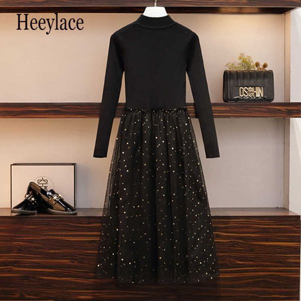 plus size women autumn winter long sleeve sequined mesh patchwork knitted dresses vintage elegant black high waist a-line dress y1006, Black;gray
plus size women autumn winter long sleeve sequined mesh patchwork knitted dresses vintage elegant black high waist a-line dress y1006, Black;gray