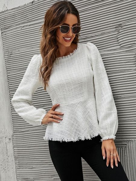 solid tweed raw hem blouse 13fz#, White