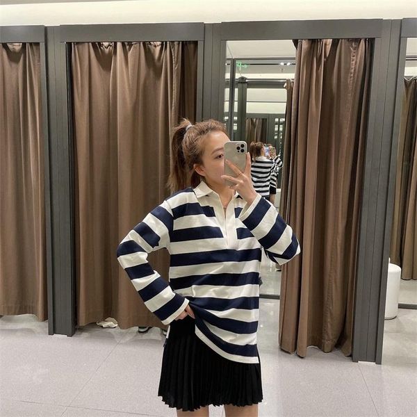 women's t-shirt traf women 2021 fashion summer long-sleeved lapel striped loose casual streetwear, White
women's t-shirt traf women 2021 fashion summer long-sleeved lapel striped loose casual streetwear, White