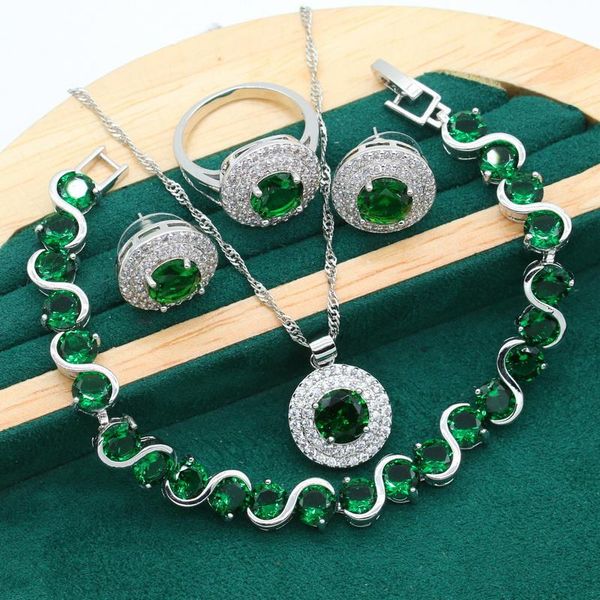 earrings & necklace classic silver color jewelry set for women wedding green zircon bracelet pendant bride ring christmas gift
earrings & necklace classic silver color jewelry set for women wedding green zircon bracelet pendant bride ring christmas gift