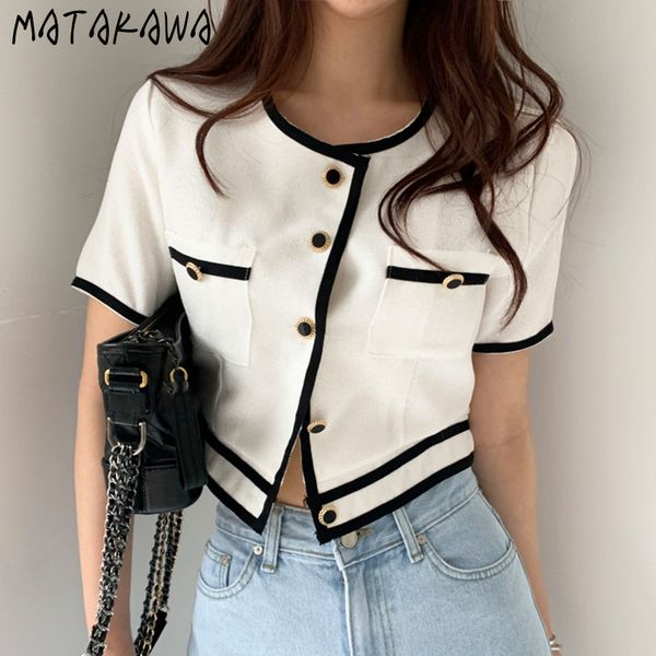 matakawa korean retro round neck ladies shirt contrast color line design blouse chic button loose short women blusas 210513, White
matakawa korean retro round neck ladies shirt contrast color line design blouse chic button loose short women blusas 210513, White
