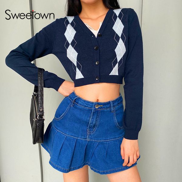 sweetown argyle plaid knitted cardigan jumpers female preppy style cropped autumn knitwear v neck long sleeve y2k 90s sweaters, Black;white
sweetown argyle plaid knitted cardigan jumpers female preppy style cropped autumn knitwear v neck long sleeve y2k 90s sweaters, Black;white