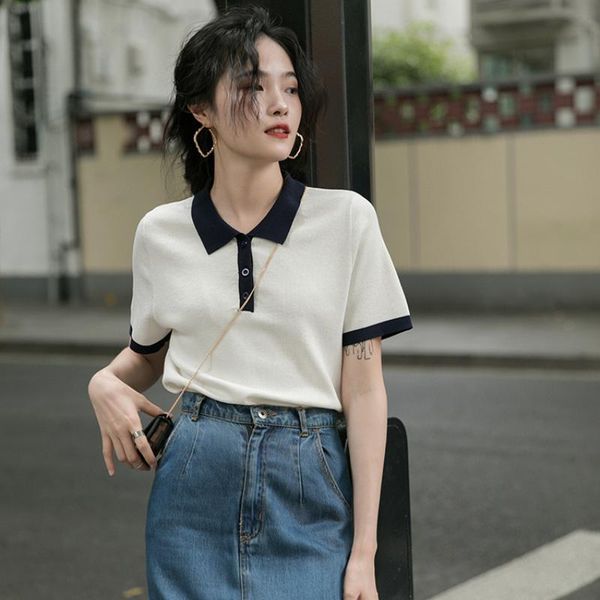 women's t-shirt simple turn down collar short sleeve knit tshirts korean style chic casual all match summer fashion, White
women's t-shirt simple turn down collar short sleeve knit tshirts korean style chic casual all match summer fashion, White