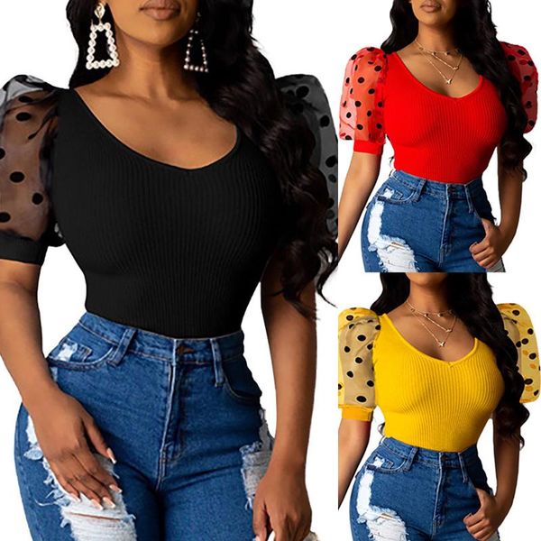 women's t-shirt fashion women spring summer polka dot sheer mesh puff short sleeve casual vintage slim knitted low collar pullover, White
women's t-shirt fashion women spring summer polka dot sheer mesh puff short sleeve casual vintage slim knitted low collar pullover, White