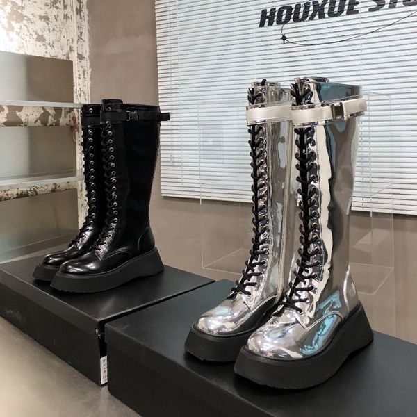 boots platform winter women patent leather long lace-up round toe designer shoes chunky heels botas femininas, Black
boots platform winter women patent leather long lace-up round toe designer shoes chunky heels botas femininas, Black