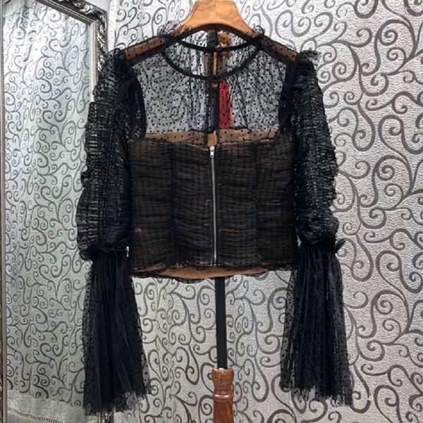 polos crop 2021 spring fashion style women see through mesh patchwork flare sleeve pleated black lace blouse female, White
polos crop 2021 spring fashion style women see through mesh patchwork flare sleeve pleated black lace blouse female, White