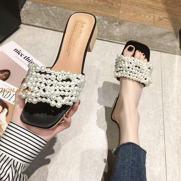 slippers 2021 summer women preety pearl casual open toe string pearly beading lady sandals loafers lazy chunky mid heels shoes, Black 
slippers 2021 summer women preety pearl casual open toe string pearly beading lady sandals loafers lazy chunky mid heels shoes, Black
