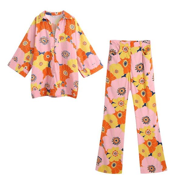 women's polos spring european and american style flower print loose shirt high waist casual pants set dltz093, White
women's polos spring european and american style flower print loose shirt high waist casual pants set dltz093, White