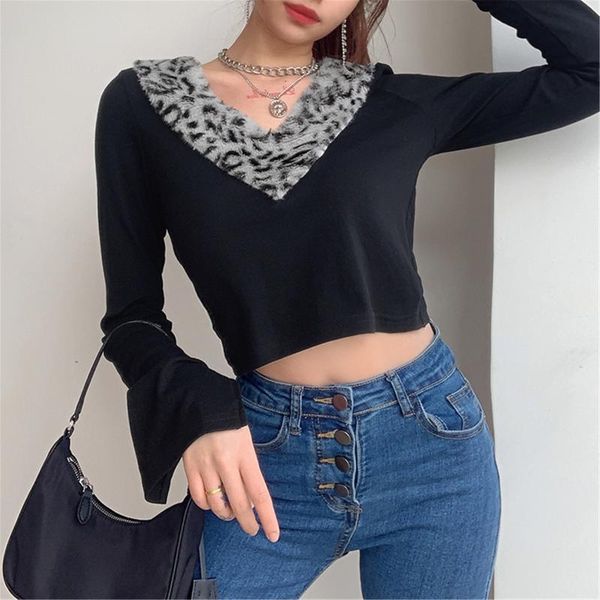 women's t-shirt shirts 2021 womens casual v-neck hairy leopard print stitching slim short long sleeves pullover for female, White
women's t-shirt shirts 2021 womens casual v-neck hairy leopard print stitching slim short long sleeves pullover for female, White