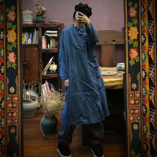 johnature blue chinese style dresses women spring robes stand button linen long sleeve vintage women cloths soft dress 210521, Black;gray
johnature blue chinese style dresses women spring robes stand button linen long sleeve vintage women cloths soft dress 210521, Black;gray