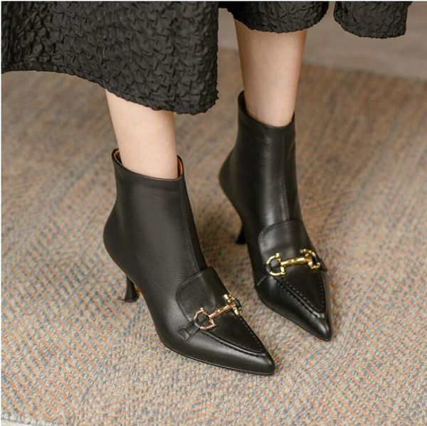cow leather horsebit slim boots thin high heels pointed toe winter ankle boots t show shoes, Black
cow leather horsebit slim boots thin high heels pointed toe winter ankle boots t show shoes, Black