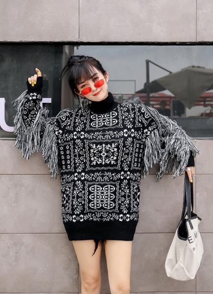 women's sweaters autumn and winter high neck printed sleeves fringed decorative pullover elegant for women 2021, White;black
women's sweaters autumn and winter high neck printed sleeves fringed decorative pullover elegant for women 2021, White;black