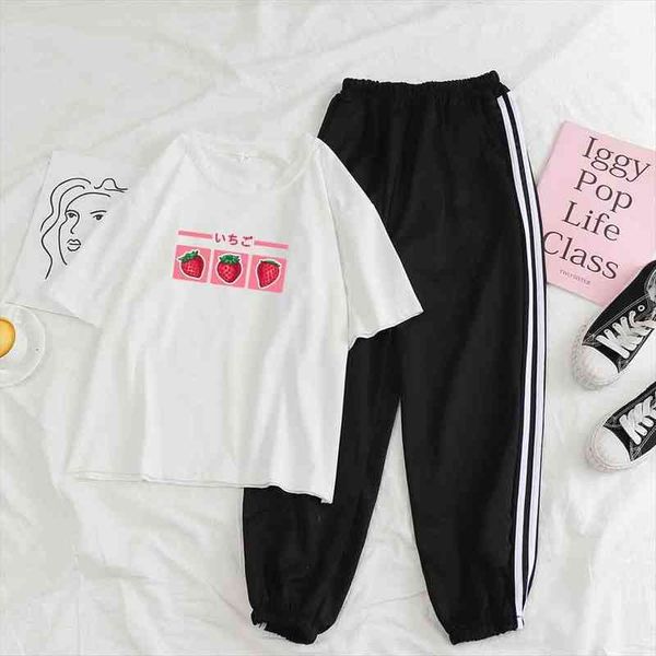 japanese style pants suit cute strawberry milk cartoon t shirt kawaii summer short sleeve set sweatpants women set oversize tee, White
japanese style pants suit cute strawberry milk cartoon t shirt kawaii summer short sleeve set sweatpants women set oversize tee, White