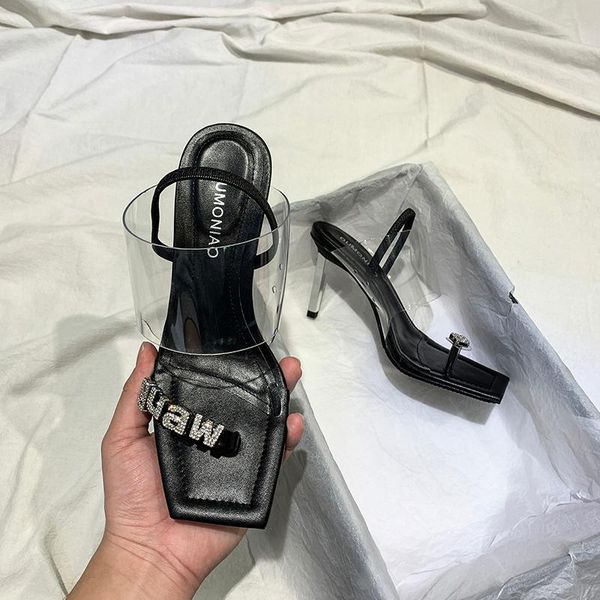 women sandals transparent pvc summer slippers crystal letters decor thin high heels sandalias femmes slides, Black
women sandals transparent pvc summer slippers crystal letters decor thin high heels sandalias femmes slides, Black
