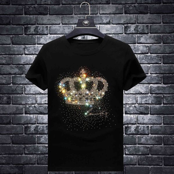 fashion t shirt drill short sleeve men's crown youth round neck half base shirt 5d laser heavy industry trend, White;black 
fashion t shirt drill short sleeve men's crown youth round neck half base shirt 5d laser heavy industry trend, White;black
