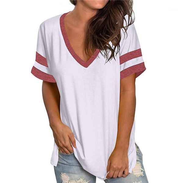 women's t-shirt summer women casual stitching v-neck contrast short-sleeved loose pullover comfortable breathable top, White
women's t-shirt summer women casual stitching v-neck contrast short-sleeved loose pullover comfortable breathable top, White