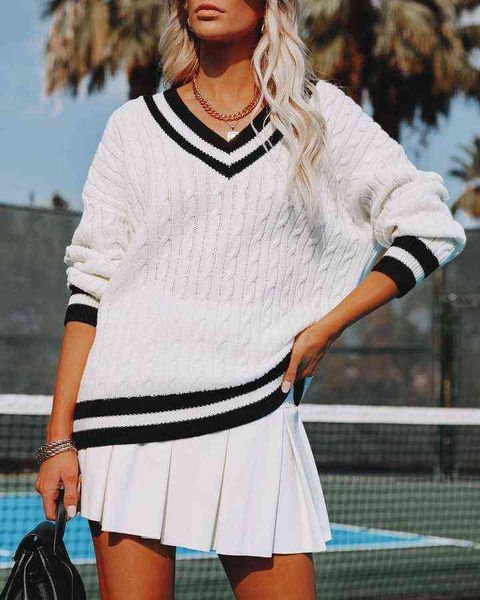 women autumn jumper sweater splicing v-neck long-sleeve knitted loose pullover for girls 2021 y1110, White;black
women autumn jumper sweater splicing v-neck long-sleeve knitted loose pullover for girls 2021 y1110, White;black