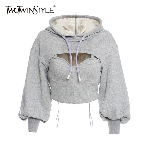 twotwinstyle hollow out gray sweatshirt for women hooded collar long sleeve fake two casual short female fashion fall 210927, Black
twotwinstyle hollow out gray sweatshirt for women hooded collar long sleeve fake two casual short female fashion fall 210927, Black