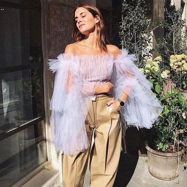 women's swimwear high street 2021 lavender tulle women blouses puff full sleeves off the shoulder ruffles custom made feminino tnak cro, White;black
women's swimwear high street 2021 lavender tulle women blouses puff full sleeves off the shoulder ruffles custom made feminino tnak cro, White;black