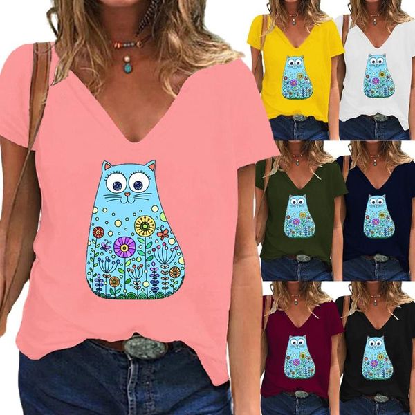 women's t-shirt summer female fashion cartoon printed casual short-sleeved v-neck loose pullover top, White
women's t-shirt summer female fashion cartoon printed casual short-sleeved v-neck loose pullover top, White