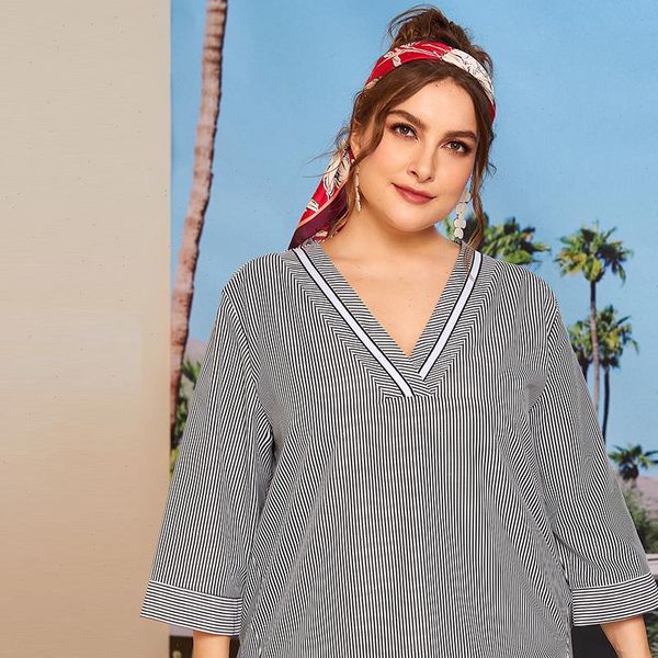 fashion summer striped plus size women blouses v neck long sleeve irregular tunic ladies casual, White
fashion summer striped plus size women blouses v neck long sleeve irregular tunic ladies casual, White