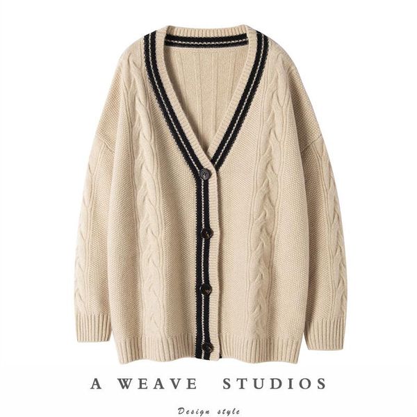 women's sweaters real cashmere sweater jacket color-blocking striped pure cardigan loose woolen knitted thick coat, White;black
women's sweaters real cashmere sweater jacket color-blocking striped pure cardigan loose woolen knitted thick coat, White;black