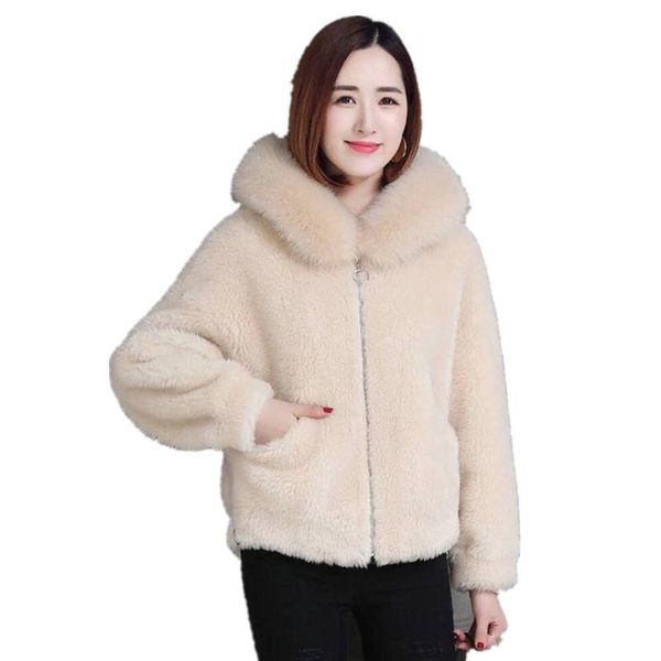 women's fur & faux 2021 winter imitation sheep shearing hooded short korean grain fleece jacket, Black
women's fur & faux 2021 winter imitation sheep shearing hooded short korean grain fleece jacket, Black