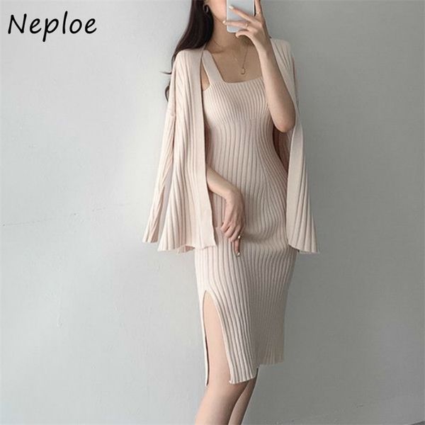 korean chic 2 piece set solid color casual simple cardigans women + split knitted strap dress autumn winter suit 210422, White
korean chic 2 piece set solid color casual simple cardigans women + split knitted strap dress autumn winter suit 210422, White