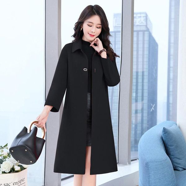 women's wool & blends women woolen windbreaker jacket autumn winter female fashion slim plus size woolan length thick overcoat, Black